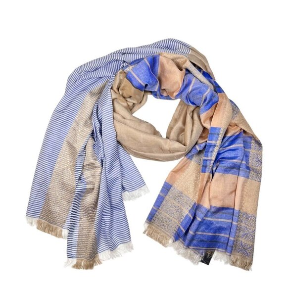 NWT Saachi Large Scarf Silk Blend Tan Blue Brocade Stripes Fringe Boho Lagenlook - Picture 2 of 12